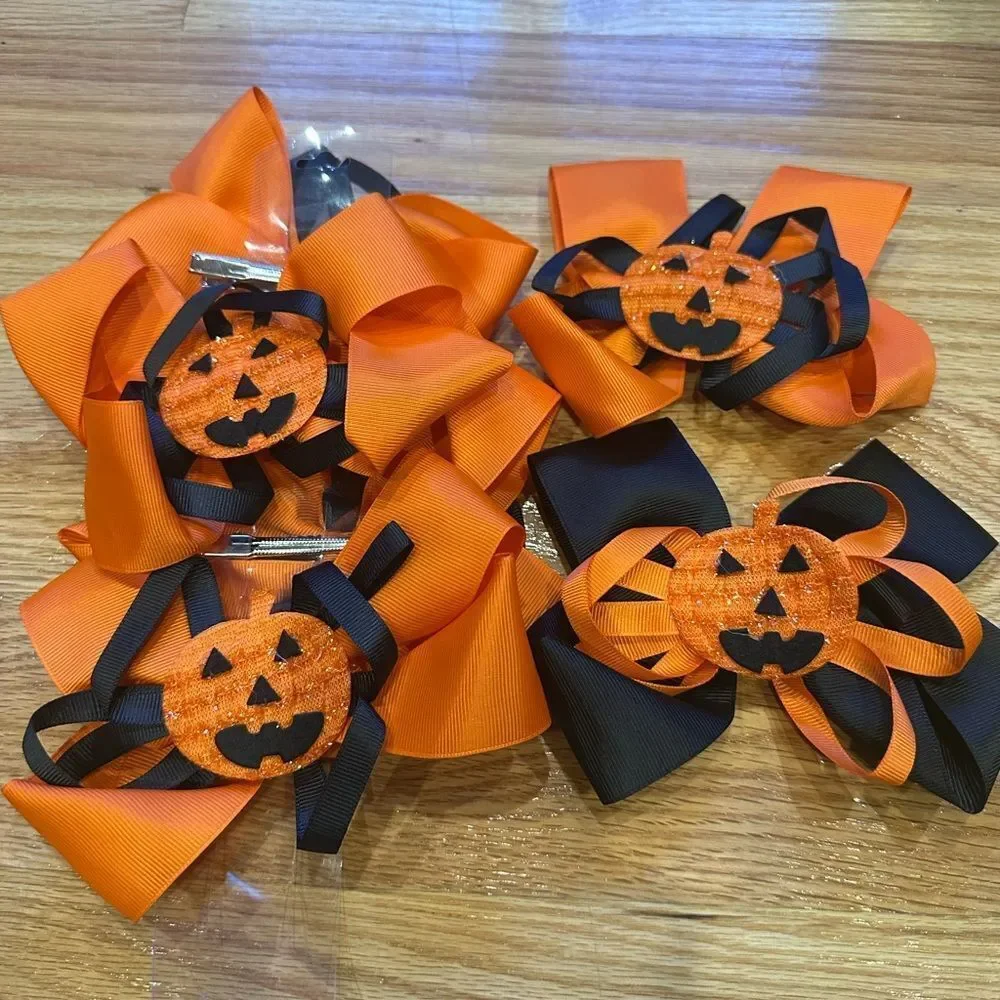 Halloween Large Hair Clips Bows Pumpkin Black Orange